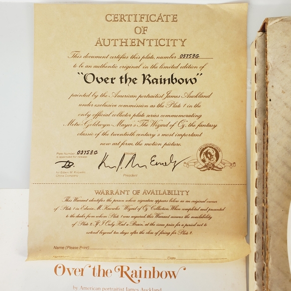 Wizard of Oz Knowles Plate 1977 Auckland Dorothy Over the Rainbow COA 8" 03753G - Picture 4 of 5